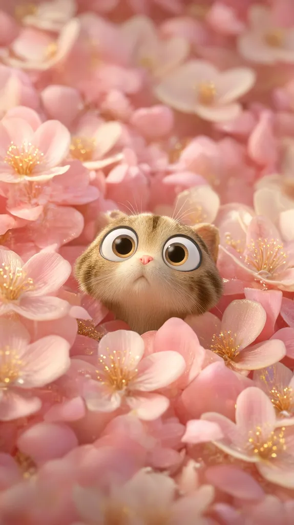 A cute, cartoonish cat with large, expressive eyes peeks out from a bed of delicate, light pink flowers.  The soft, pastel colors and the cat's adorable expression create a heartwarming and whimsical image, reminiscent of a spring scene.  The flowers appear to be cherry blossoms, adding to the gentle and serene atmosphere.