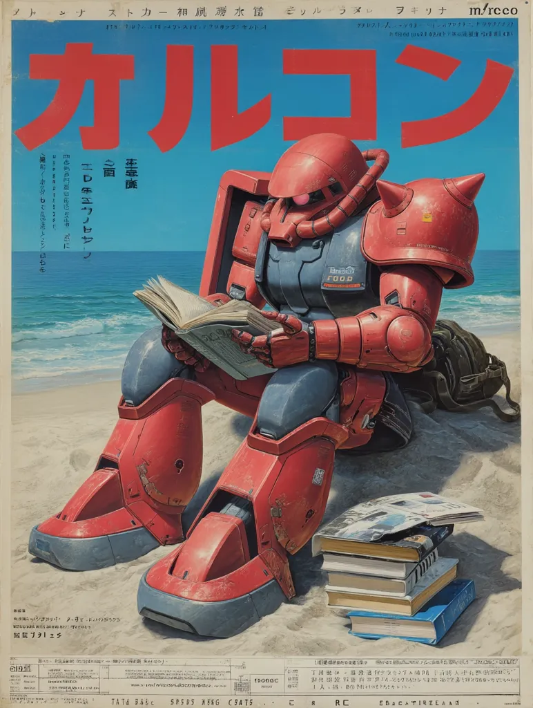 A vibrant illustration showcases a red Gundam mecha, perched on a sandy beach, leisurely reading a book. The mecha, detailed with weathered paint and intricate mechanics, sits amidst a stack of books near the ocean.  The background features a bright blue sky and calm sea, creating a serene contrast to the powerful robot. The artwork is reminiscent of anime mecha designs.  The overall mood is peaceful and unexpected, juxtaposing the mechanical with the natural.
