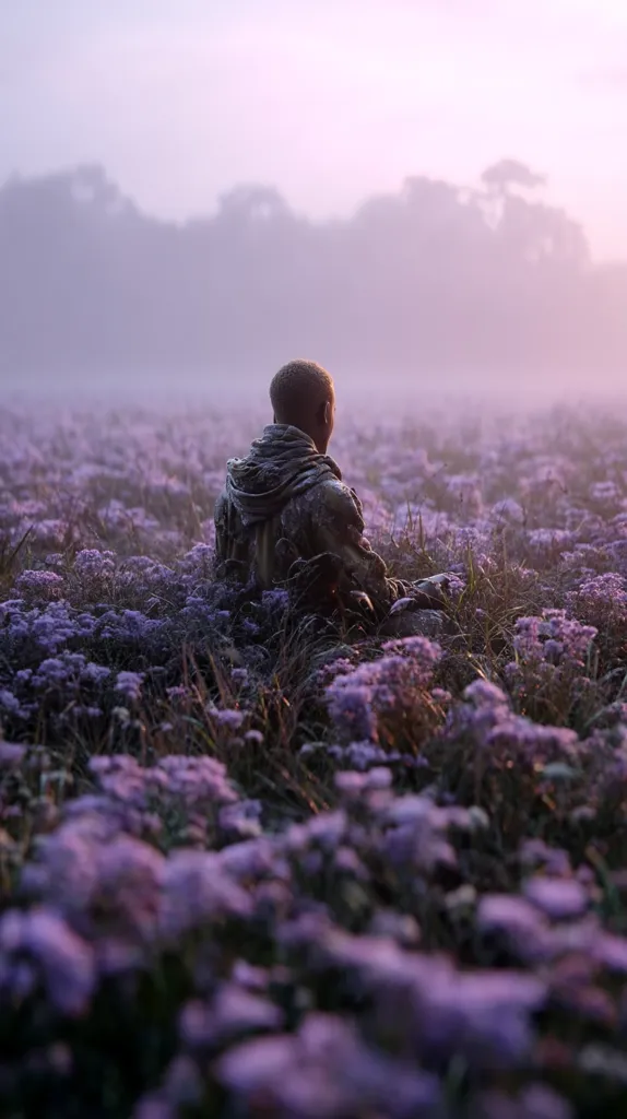 A person sits alone in a field of purple flowers, their back to the camera.  A hazy, misty landscape stretches out behind them, suggesting early morning or evening. The soft light casts a peaceful, serene atmosphere. The individual is dressed in muted tones, blending with the natural environment.  The overall feeling is one of quiet contemplation and solitude.