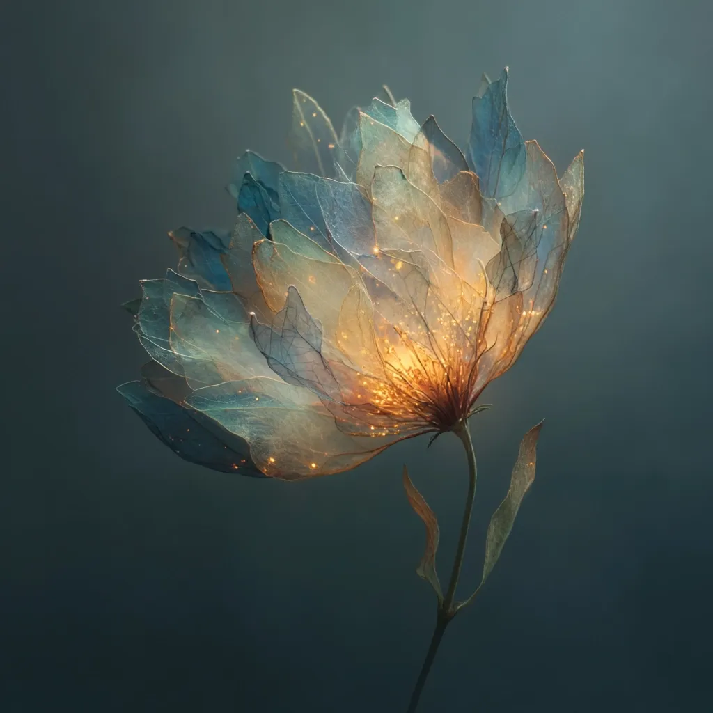 A delicate, ethereal flower blossoms against a muted teal backdrop.  Its translucent petals, in shades of blue and gold, seem to glow with an inner light, creating a magical and surreal effect.  The intricate veining of the petals is visible, enhancing its delicate beauty. The overall impression is one of fantasy and quiet elegance.