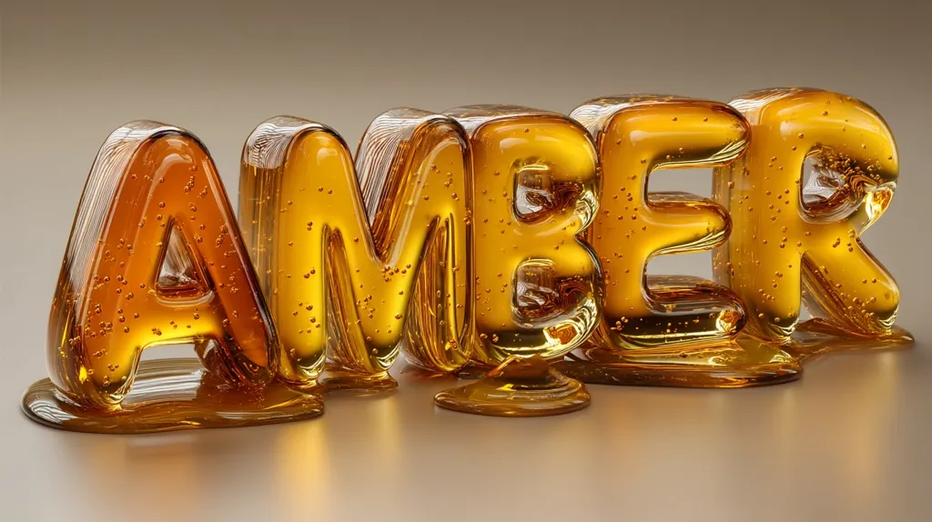 The word "AMBER" is rendered in a three-dimensional, liquid form.  The letters appear to be made of a viscous, golden-hued substance, perhaps honey or amber itself, with visible bubbles trapped within.  The letters are slightly distorted, with the liquid dripping and pooling beneath, creating a glossy, reflective surface.  The overall effect is one of richness and warmth.