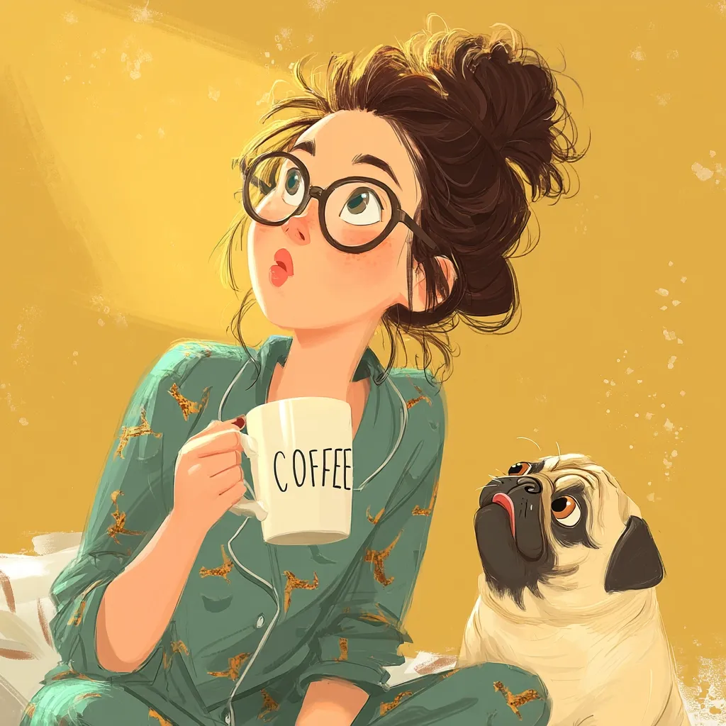 A cute cartoon girl with glasses and her hair in a messy bun sits in teal pajamas holding a coffee mug that says "COFFEE."  She looks upward thoughtfully. A pug sits beside her, also looking up. The background is a warm yellow. The overall style is whimsical and charming.