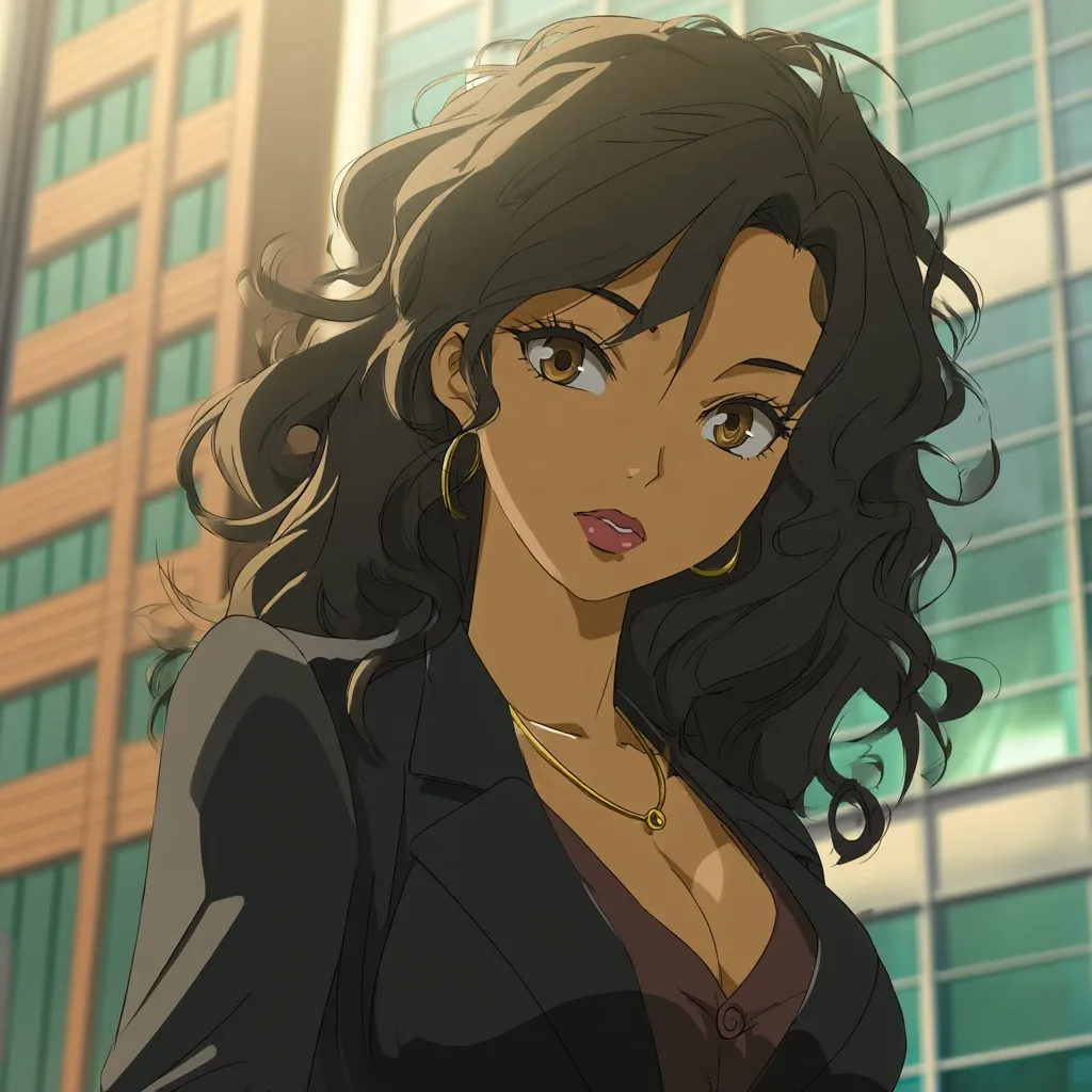A stylized anime-style portrait of a young woman with dark brown, curly hair. She has tan skin, brown eyes, and wears gold hoop earrings and a gold necklace. Her attire consists of a dark blazer over a low-cut burgundy top. The background suggests an urban setting, with a modern glass and metal building visible. The overall aesthetic is sophisticated and chic, with a focus on the character's expressive features and elegant style.