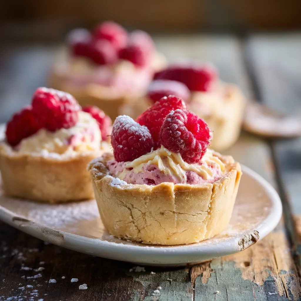 Three mini tarts filled with creamy vanilla and raspberry filling are artfully arranged on a rustic white plate.  Fresh raspberries are delicately placed atop each tart, dusted with powdered sugar.  The tarts have a golden-brown crust and are presented on a weathered wooden surface, creating a visually appealing and delicious scene.