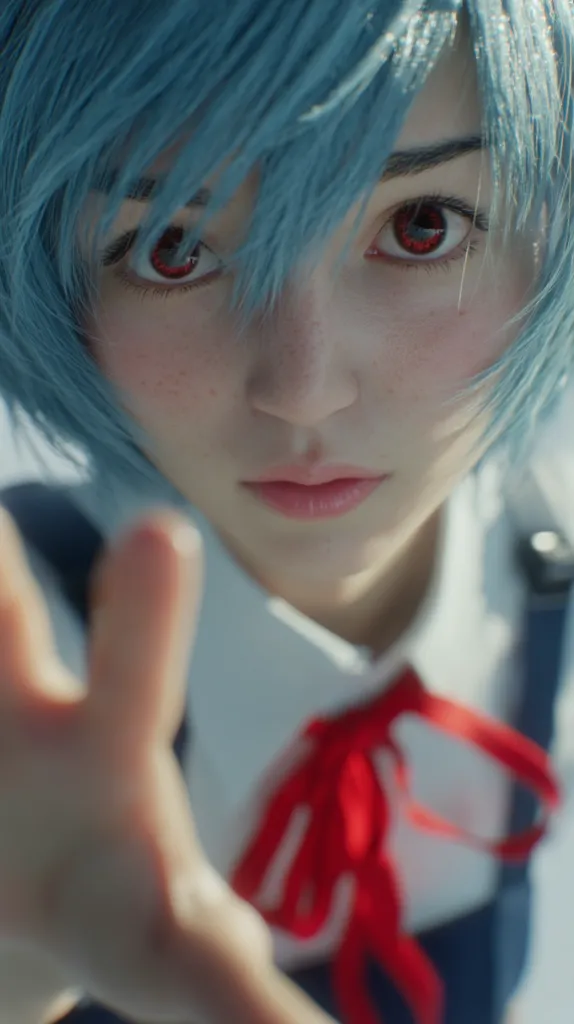 A close-up shot of a young woman with vibrant blue hair, styled in a short, slightly messy bob. Her striking red eyes and pale complexion are accentuated by soft lighting.  She's wearing a sailor-style uniform with a red ribbon accent. Her hand reaches towards the viewer, creating a sense of intimacy and perhaps a hint of apprehension. The overall aesthetic is anime-inspired, capturing a blend of cuteness and intensity.