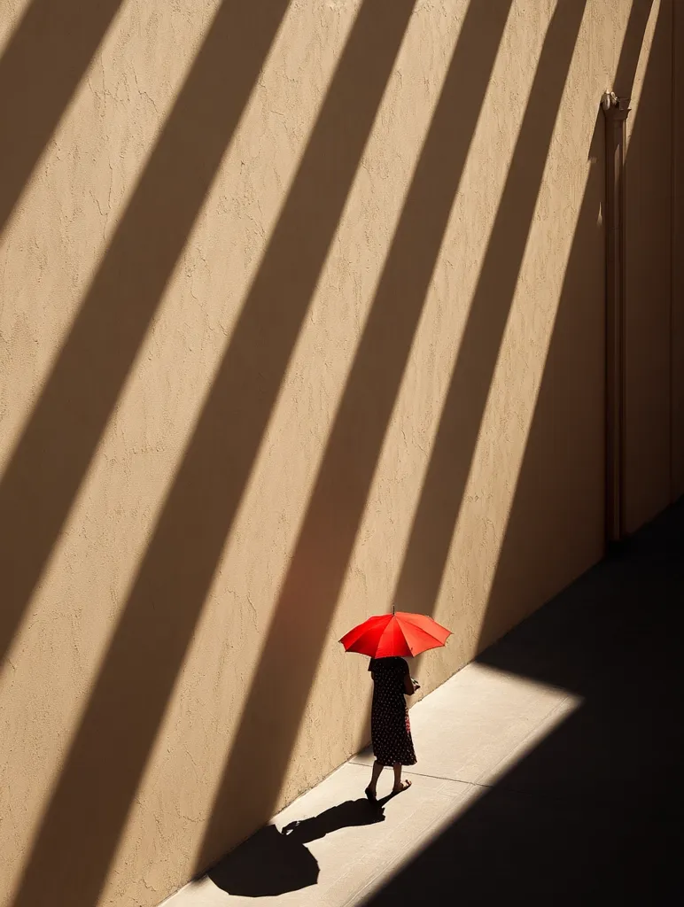 A woman walks alone, holding a vibrant red umbrella, down a sun-drenched corridor.  The pale beige walls are dramatically striped with strong shadows cast from unseen architectural features above.  Her dark dress and the bright umbrella create a striking contrast against the muted background. The scene evokes a sense of solitude and serene contemplation.