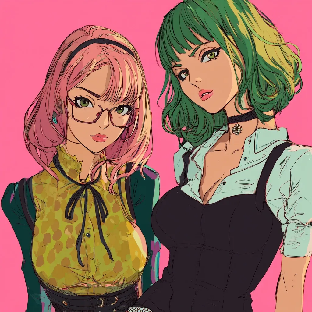 The illustration features two anime-style girls against a vibrant pink backdrop.  One girl has pink hair and glasses, wearing a yellow patterned blouse and dark green jacket. The other girl sports short, bright green hair, a light teal shirt, and a black bodice. Both are styled in a fashion-forward manner, exhibiting bold makeup and confident poses. The art style is dynamic and expressive, emphasizing sharp lines and saturated colors.