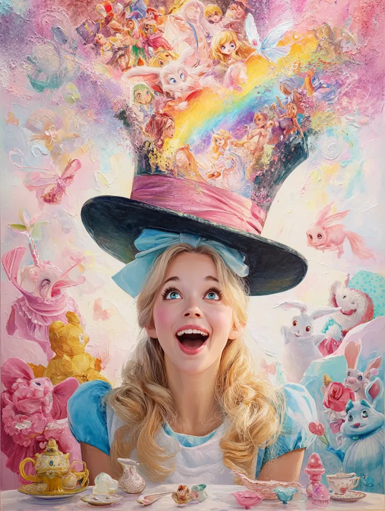 A whimsical painting depicts Alice from Alice in Wonderland, her mouth agape in wonder.  Atop her head sits a top hat overflowing with fantastical characters from the story, bathed in rainbow light.  Surrounding her are more whimsical creatures and objects, creating a vibrant, dreamlike scene of joy and enchantment.  A tea party setting is subtly included at the bottom, adding to the enchanting atmosphere.