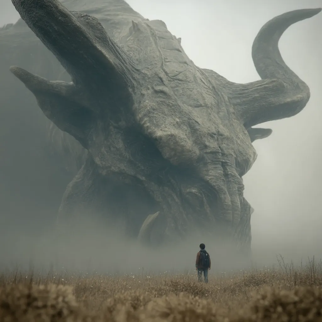 A lone figure stands in a misty field, dwarfed by an immense, monstrous creature. The creature resembles a colossal bull, its massive head and enormous horns dominating the foreground.  The scene is shrouded in fog, creating a sense of mystery and awe. The contrast between the tiny human and the gigantic beast emphasizes the creature's overwhelming scale and power. The overall mood is one of impending threat and wonder.