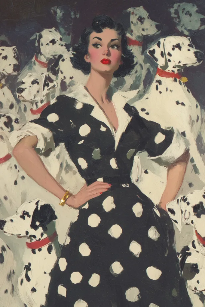 A stylish woman in a black and white polka dot dress stands confidently amidst a pack of Dalmatian dogs.  Her dark hair is styled neatly, and she wears red lipstick.  The dogs surround her, some wearing red collars. The painting captures a vintage aesthetic, possibly mid-20th century, with a focus on both the woman's elegance and the playful energy of the dogs.