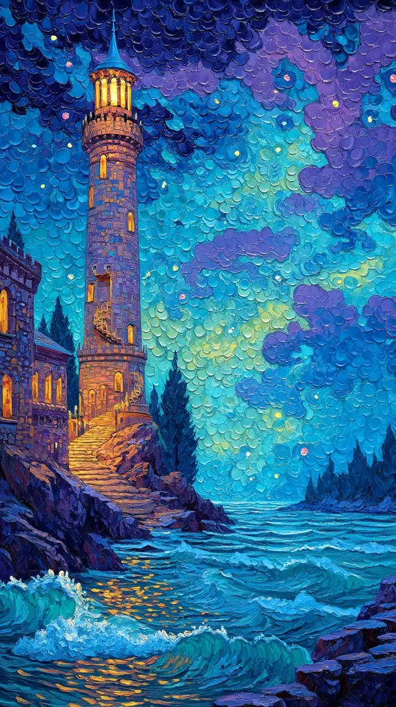 A vibrant, impasto painting depicts a stone lighthouse on a rocky coast at night.  The lighthouse, lit from within, stands tall against a swirling, star-filled sky painted in shades of blue and purple.  Waves crash gently onto the shore, reflecting the warm light.  Dark evergreens frame the scene, adding to the mystical atmosphere. The textured brushstrokes give the piece a dreamlike quality.