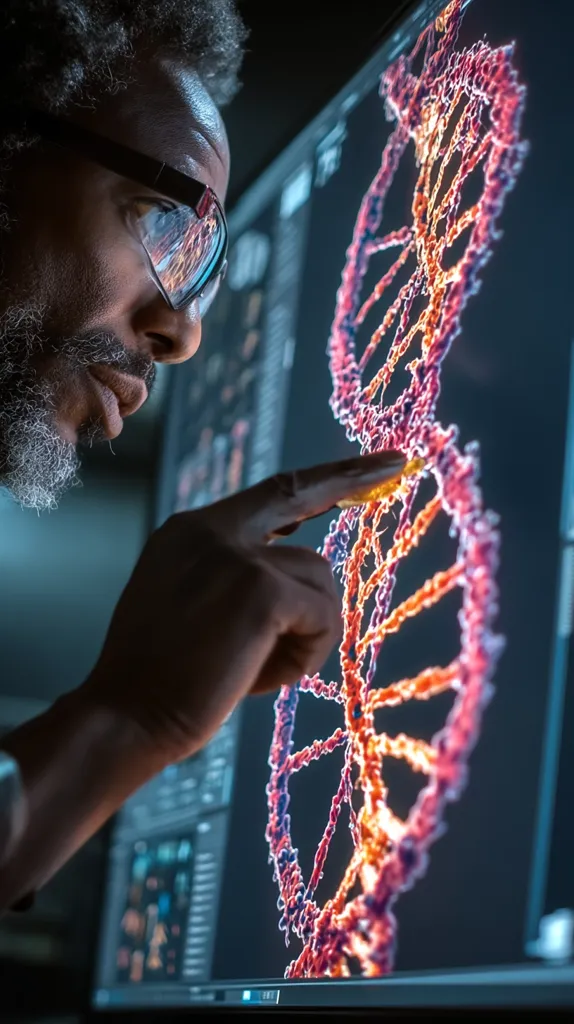 A close-up shot depicts a dark-skinned scientist intently studying a detailed three-dimensional model of a DNA helix displayed on a large computer screen.  His finger points towards a specific section of the vibrant, color-coded genetic structure.  The scientist wears protective eyewear, suggesting he's immersed in complex genetic research. The image conveys a sense of scientific curiosity and technological advancement in the field of genomics.