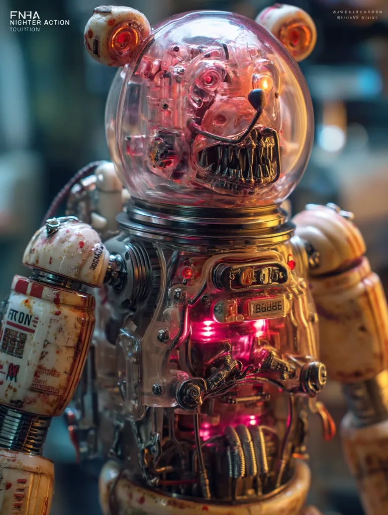 A detailed close-up reveals a meticulously crafted robotic bear.  Its transparent head showcases intricate internal mechanisms, glowing with pink light. The weathered, distressed exterior suggests a battle-worn aesthetic.  Mechanical components and wires are visible, adding to its steampunk-inspired design. The robot's menacing, toothy grin is a striking contrast to its seemingly delicate construction.  The overall impression is one of haunting beauty and intricate detail.