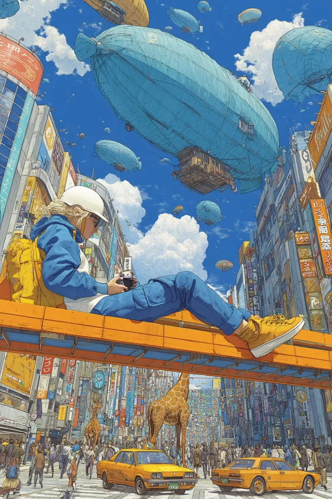 A person wearing a white hard hat sits on an orange structure, using a camera to capture a bustling city scene.  Numerous airships float in a vibrant blue sky above a street filled with people, cars, and even giraffes.  The city's architecture is a mix of modern and retro styles, with bright signage and busy streets.  The overall style is a whimsical blend of steampunk and modern urban life.