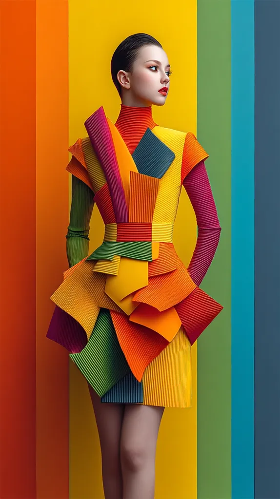 A fashion model with short dark hair is showcasing a vibrant, geometric dress. The dress is constructed from pleated fabric in various bright colors, including orange, yellow, green, and purple, arranged in a visually striking, abstract pattern.  The model's pose and the bold color palette create a striking image against a multicolored background.  The overall style is modern and artistic.