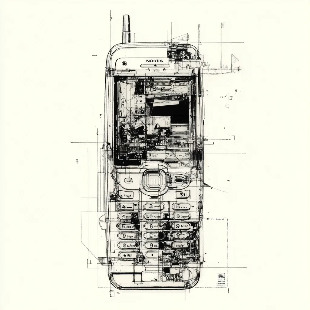 A detailed technical drawing of a Nokia mobile phone is presented.  The illustration showcases the phone's internal components, circuitry, and keypad, all rendered in a transparent, exploded-view style.  Overlapping lines suggest a blueprint or schematic, revealing the phone's complex construction. The overall effect is a blend of technical precision and artistic expression.