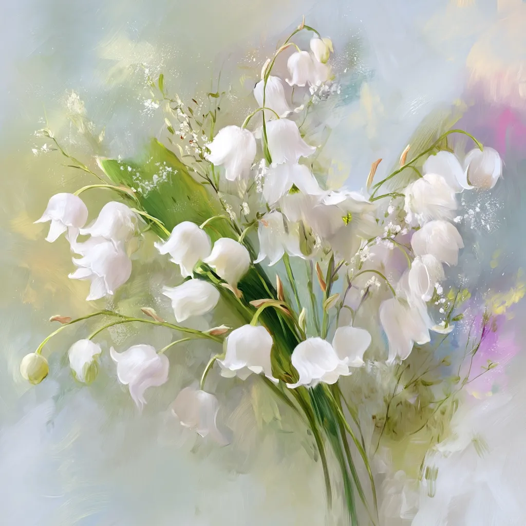 A vibrant oil painting showcases a lush bouquet of lily of the valley blossoms.  The delicate white flowers, rendered with soft brushstrokes, are depicted against a dreamy, pastel background.  Hints of green foliage and subtle textures create depth and visual interest. The overall impression is one of serene beauty and gentle elegance.
