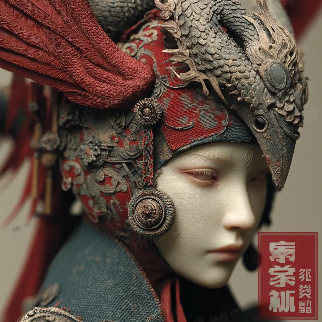 A close-up reveals a meticulously crafted doll or figure, adorned with an elaborate headdress.  The headpiece features intricate carvings, a dominant bird or dragon motif, and rich red and muted grey tones.  The figure's pale face is serene, its eyes closed. The overall aesthetic blends fantasy and Asian-inspired design elements, suggesting a piece of art or collectible.  The texture appears highly detailed and realistic.