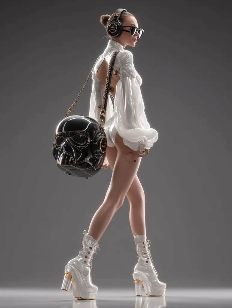 A stylish woman, wearing a white, open-back jumpsuit, high-heeled boots, sunglasses, and headphones, carries a unique handbag shaped like Darth Vader's helmet.  The backdrop is a neutral gray, emphasizing the futuristic and fashion-forward aesthetic of the image.  The overall impression is one of edgy elegance and bold style.