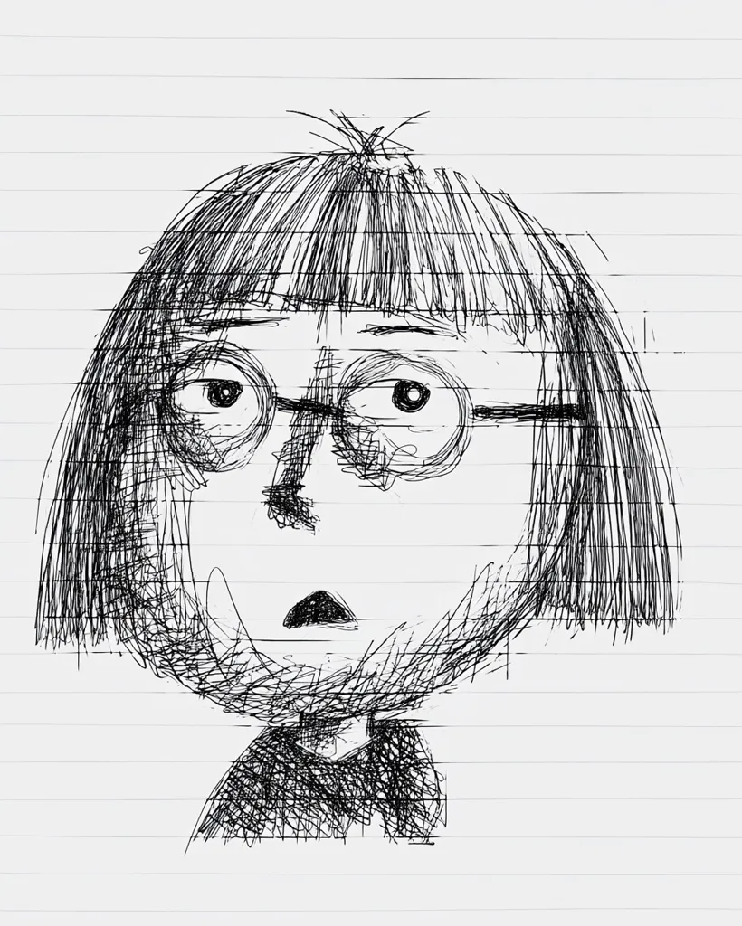 A sketchy, expressive drawing of a person with short, blunt bangs and round glasses. The style is reminiscent of quick, gestural pen strokes, creating a textured and slightly chaotic effect.  The figure's expression is neutral, perhaps slightly pensive, with a hint of a serious or thoughtful demeanor. The overall impression is one of a casual, informal portrait done with minimal detail yet considerable character.