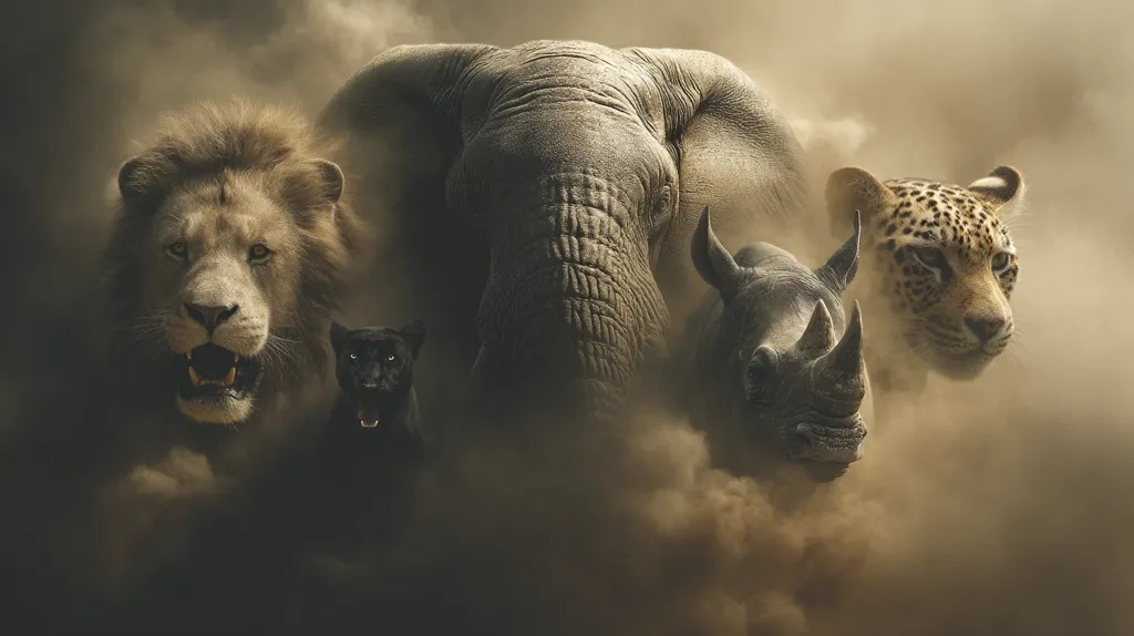 A majestic elephant takes center stage, surrounded by a powerful lion, a stealthy black panther, a fierce rhinoceros, and a spotted leopard.  All are enveloped in a swirling dust cloud, creating a dramatic and powerful image of African wildlife. The sepia tones enhance the sense of grandeur and the animals' raw power.