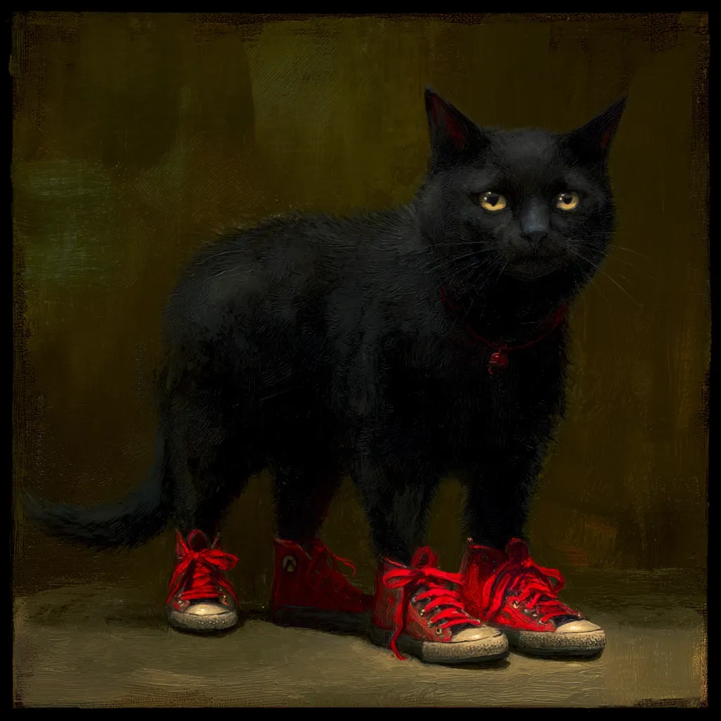 A meticulously painted portrait showcases a black cat, its dark fur contrasting sharply against a muted olive-green background.  The cat, adorned with a small red collar, stands majestically, its gaze direct and intense.  The most striking detail is the pair of bright red Converse sneakers on its paws, adding a whimsical and unexpected element to the otherwise serious depiction. The artist's skill is evident in the texture of the fur and the subtle play of light and shadow.