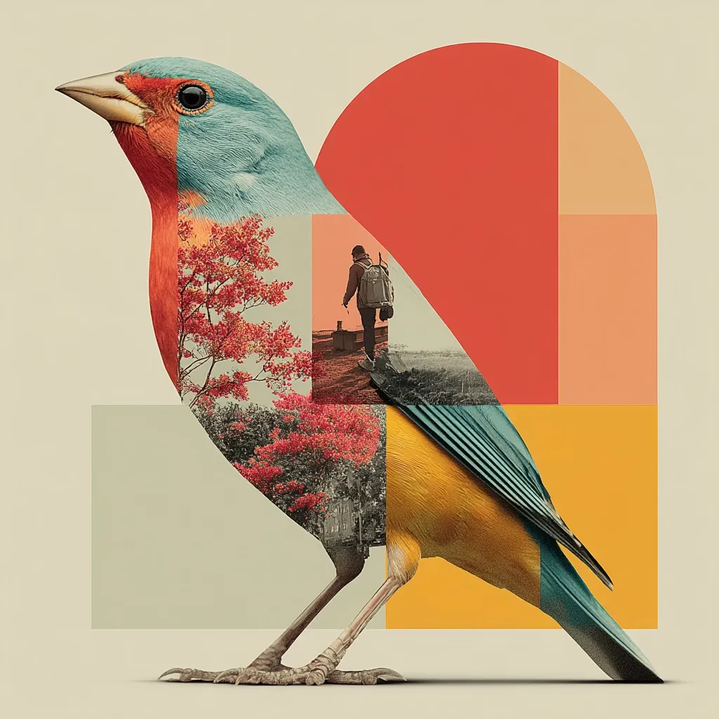 A vibrant bird, predominantly blue and yellow, is depicted in a collage style.  Its body is overlaid with images of autumnal foliage and a lone hiker with a backpack walking along a path. Geometric shapes in warm orange and beige tones frame the bird, creating a visually striking and surreal composition.  The artwork blends nature, travel, and abstract design elements.