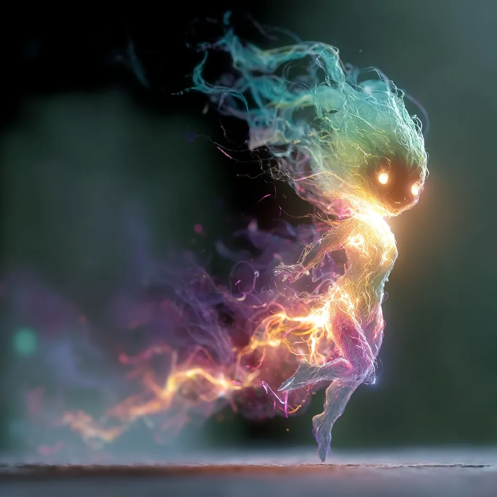 A vibrant, ethereal female figure, seemingly composed of glowing, multicolored smoke and energy, leaps across a dark background.  Her form is dynamic, with flowing strands of light trailing behind her.  Bright, luminous points suggest eyes, adding to the mystical and otherworldly quality of the image. The overall impression is one of vibrant energy and supernatural beauty.