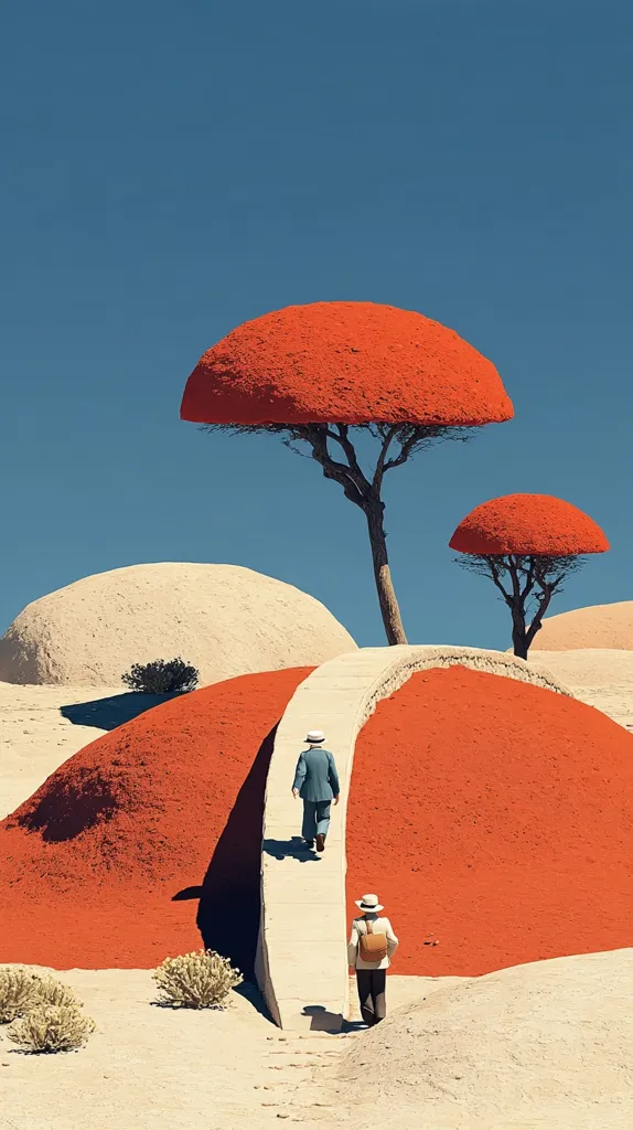 Two figures in suits and hats walk along a concrete path winding through a surreal landscape.  Bright orange, dome-shaped hills contrast with off-white mounds and uniquely shaped, vibrant red trees under a clear blue sky. The scene is minimalist and dreamlike, evoking a sense of mystery and unexpected beauty.