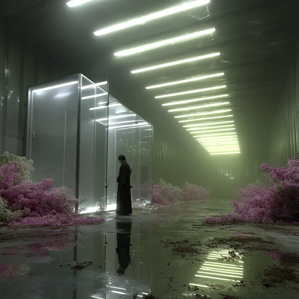 A lone figure in a dark robe stands in a dimly lit, futuristic hallway.  The hallway is lined with translucent glass enclosures and clusters of pale pink flowers.  Long fluorescent lights cast a greenish glow on the wet floor, reflecting the scene.  A sense of isolation and mystery pervades the atmosphere.
