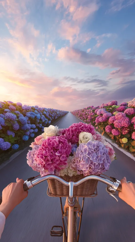 A person cycles down a road lined with vibrant hydrangea bushes in full bloom.  The sky is a soft blend of pink and blue hues, creating a picturesque sunset.  A wicker basket on the bicycle overflows with a beautiful bouquet of pink, purple, and white hydrangeas and roses, adding to the idyllic scene. The overall image evokes feelings of serenity and beauty.