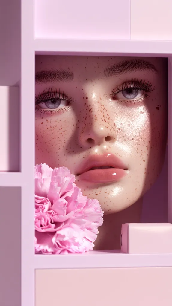 A close-up shot reveals a woman's face, subtly framed within a pastel-pink cubbyhole.  Her skin is adorned with freckles, and her makeup is soft and natural.  A delicate pink carnation rests beside her face, enhancing the overall dreamy and feminine aesthetic of the image.  The scene is bathed in soft, diffused light, creating a calming and ethereal mood.