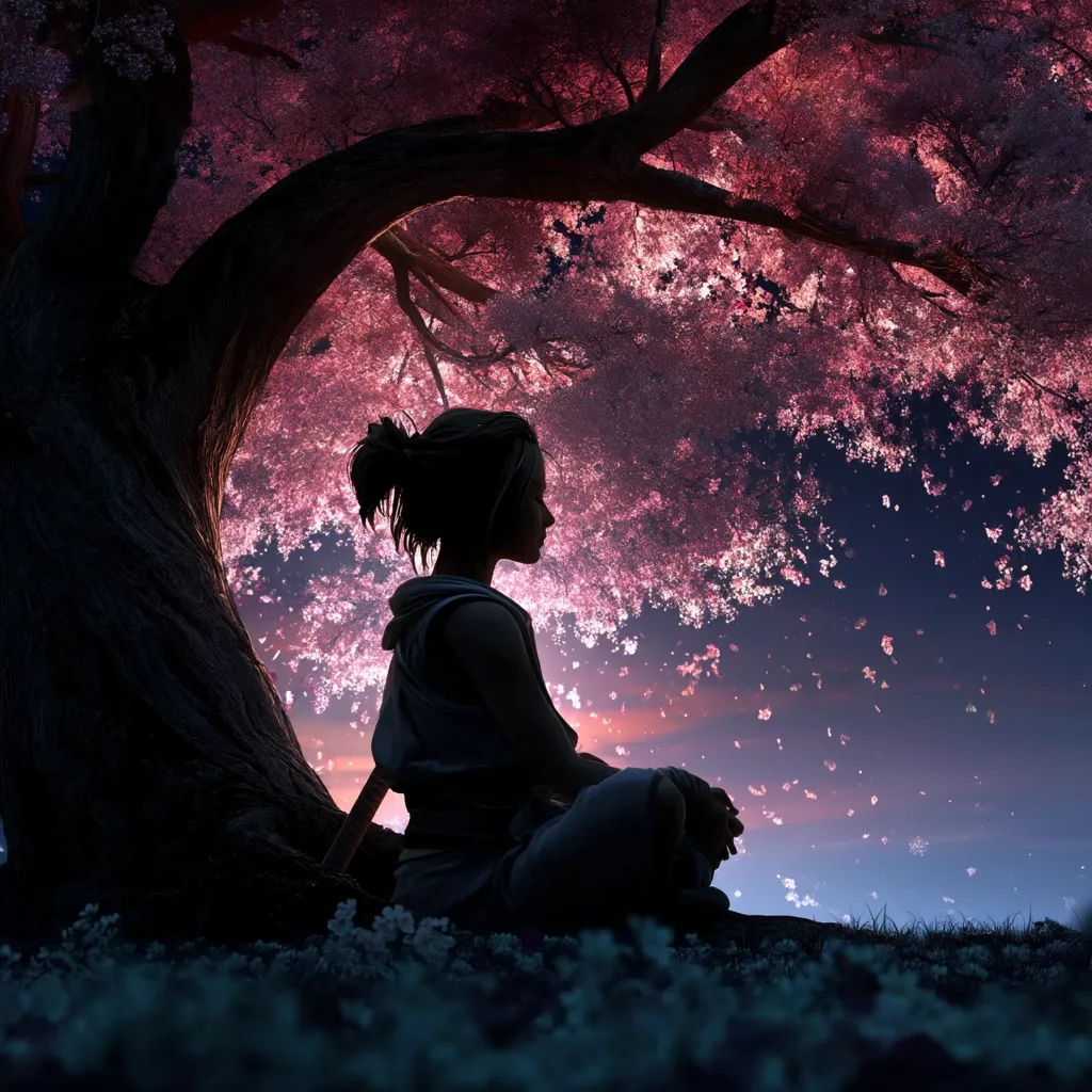 A lone figure, silhouetted against a twilight sky, sits cross-legged beneath a blossoming cherry tree.  Pink petals drift down like gentle snow, creating a serene and mystical atmosphere. The woman's posture suggests contemplation or peaceful meditation, her katana resting beside her. The scene evokes a sense of tranquility and inner peace amidst the beauty of nature.