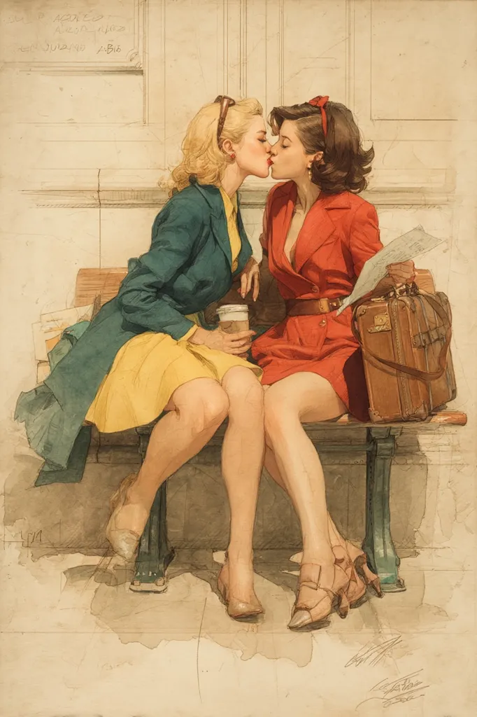A watercolor painting depicts two women in mid-century attire sharing a tender kiss on a bench. One woman wears a teal coat and yellow skirt, the other a vibrant red dress.  They hold a coffee cup and luggage, suggesting a journey or departure. The setting appears to be a train station or airport, hinted at by the architectural details. The style is reminiscent of vintage pin-up art, with soft colors and a romantic mood.