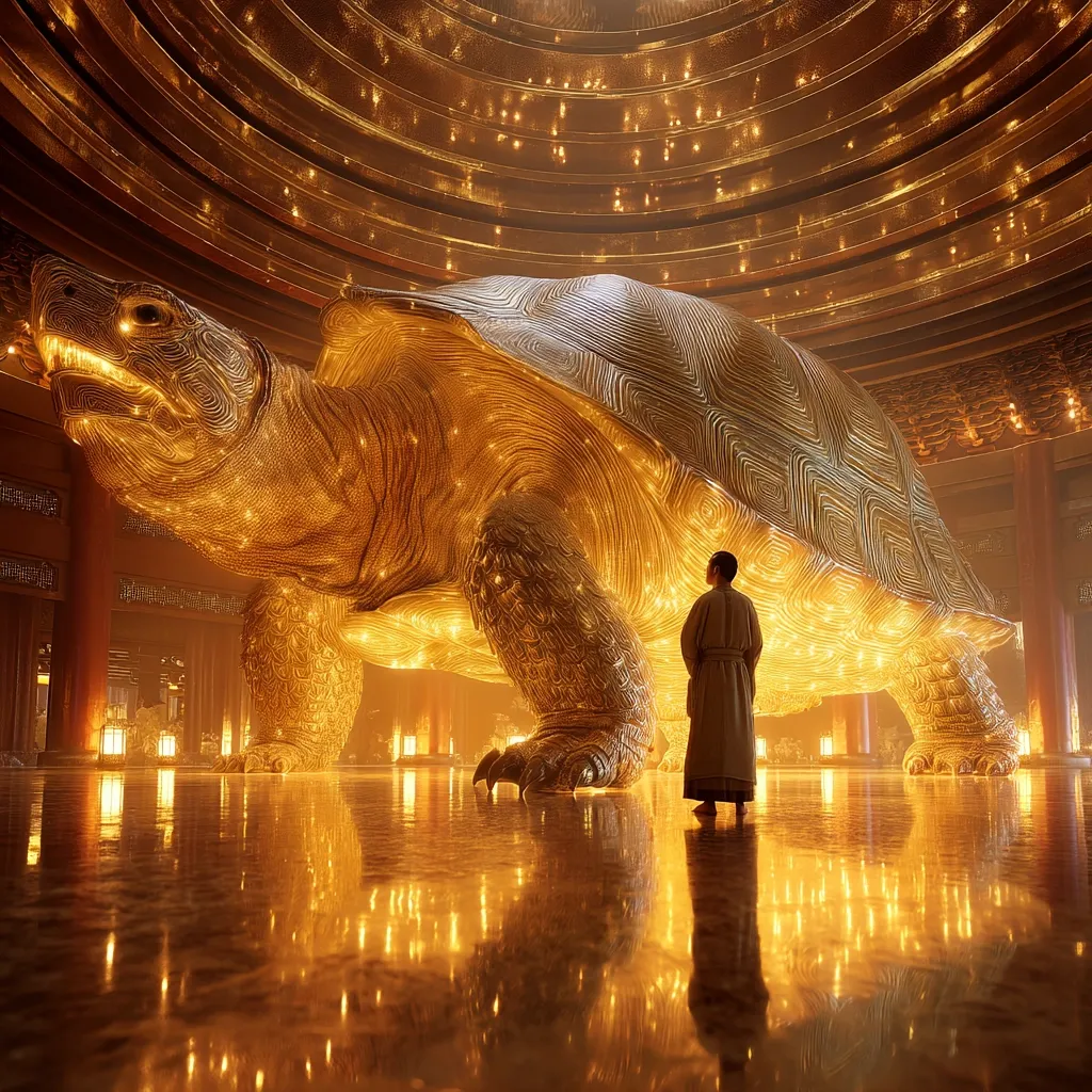 A monk stands in awe before a colossal, golden turtle sculpture in a grand, ornate hall.  The turtle's shell is intricately detailed and glows with internal light. The hall's opulent architecture and reflective floor enhance the majestic scale of the artwork, creating a surreal and spiritual atmosphere.  Warm, golden light illuminates the scene, emphasizing the statue's grandeur.