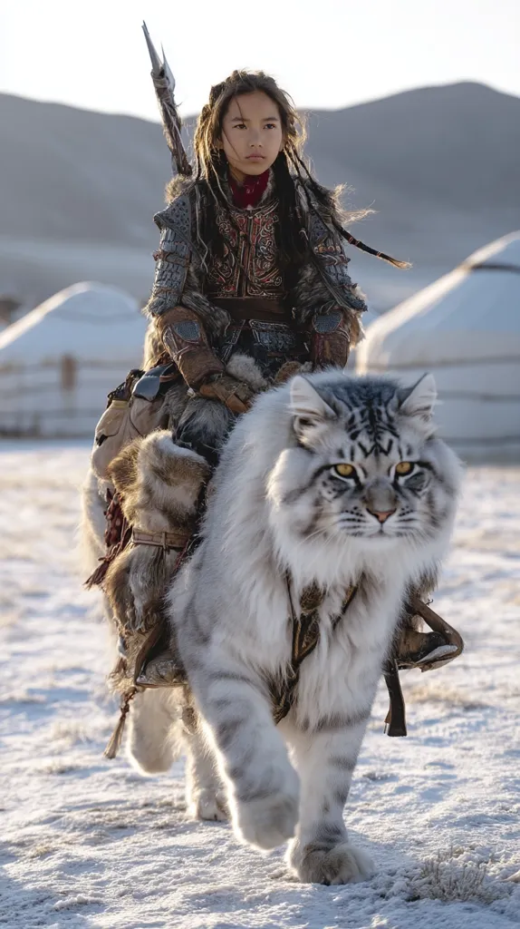 A young girl in traditional steppe attire rides a large, fluffy, grey and white cat across a snowy landscape.  She holds a spear and wears ornate clothing.  Yurts are visible in the background, suggesting a nomadic setting.  The scene evokes a fantasy or mythical feel.