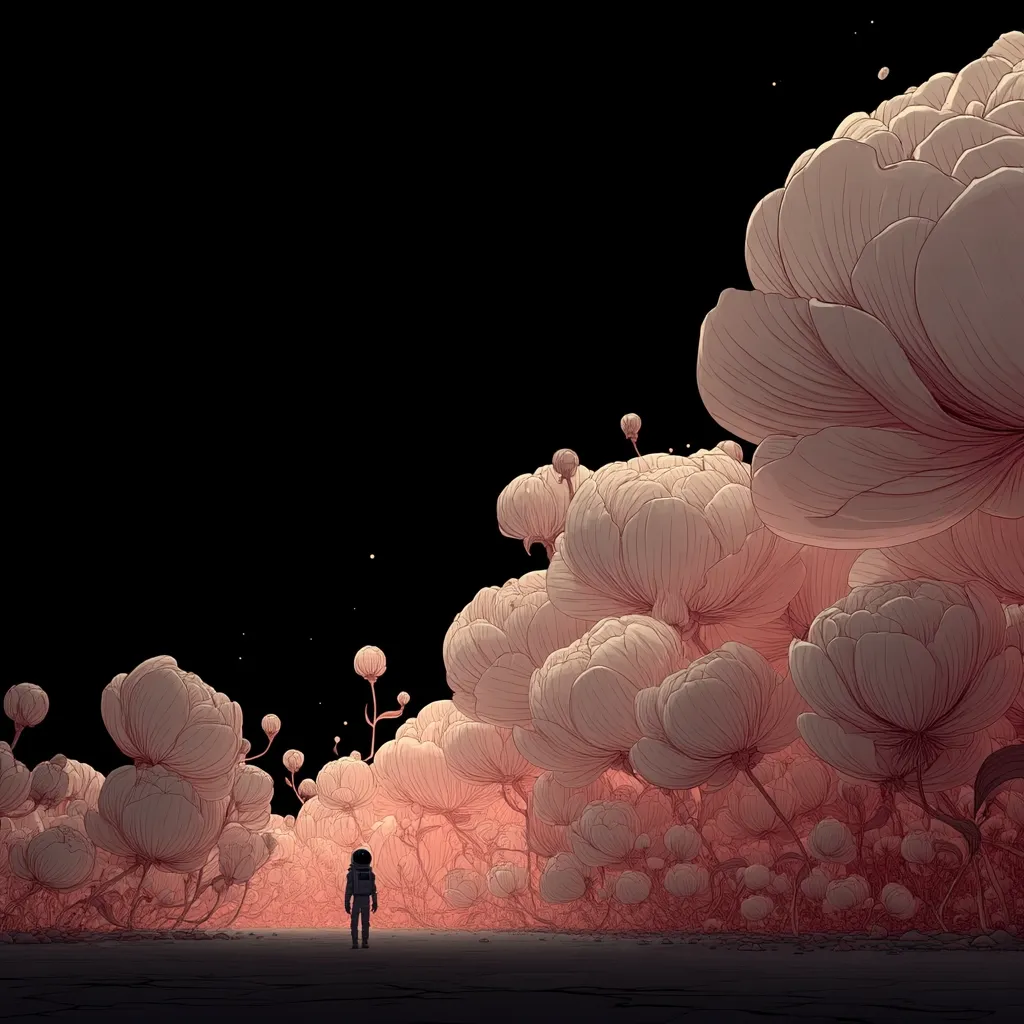 A lone astronaut stands in a surreal landscape dominated by enormous, delicately rendered peach-colored flowers.  The flowers, resembling oversized peonies, stretch towards a dark sky, creating a pathway. The scene is dark and mysterious, with the astronaut appearing small against the scale of the floral environment. The overall mood is one of solitude and quiet wonder.