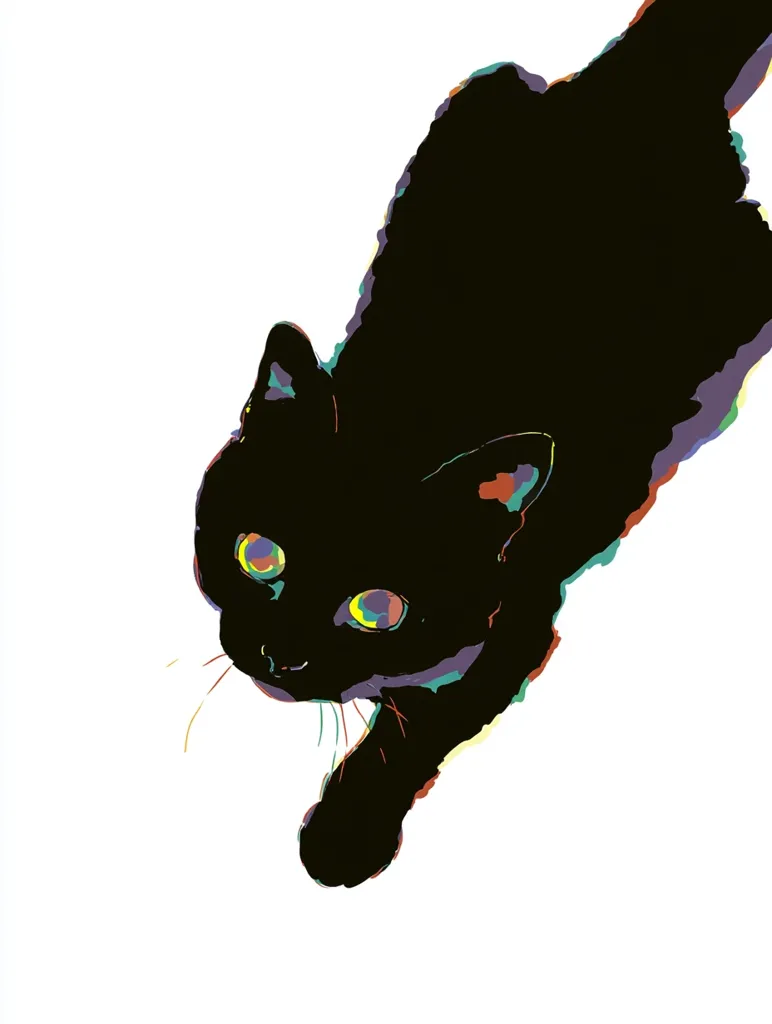A stylized illustration of a black cat, depicted in a vibrant, almost pop-art style.  The cat's silhouette is predominantly black, but subtle color accents highlight its form.  Its eyes are a striking, luminous yellow-green. The cat appears to be mid-stride, giving a sense of movement and energy against the stark white background.  The overall effect is both playful and striking.