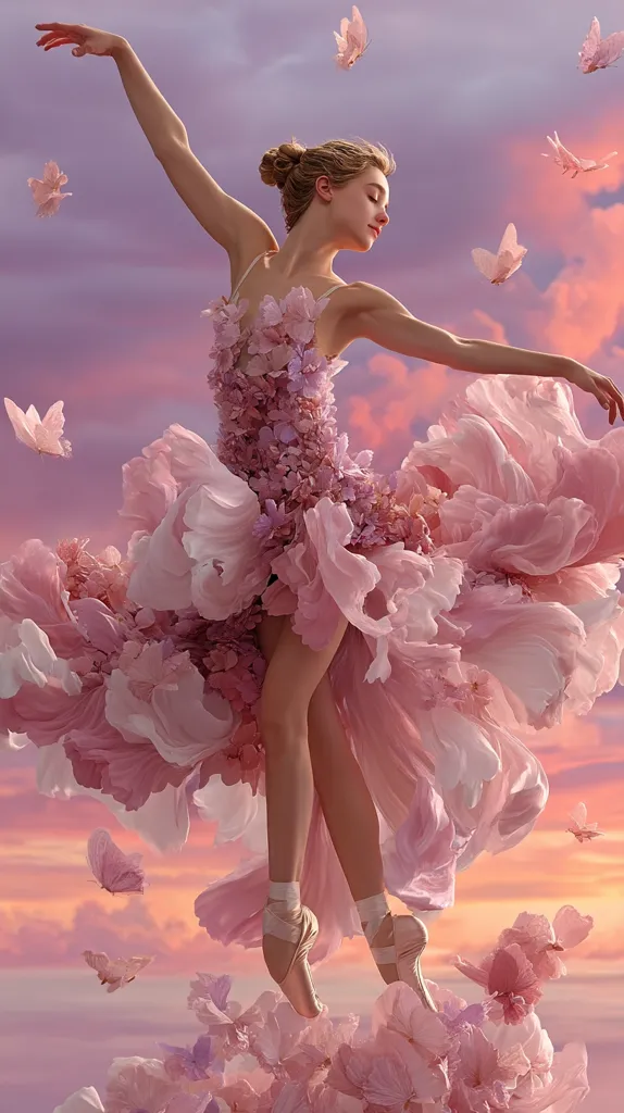 A ballerina, poised mid-leap, gracefully wears a breathtaking gown crafted from delicate pink petals.  Surrounded by a sky painted with sunset hues, numerous butterflies flutter around her.  The image evokes a sense of ethereal beauty and dreamscape fantasy, emphasizing grace and the delicate nature of both the ballerina and her floral attire.