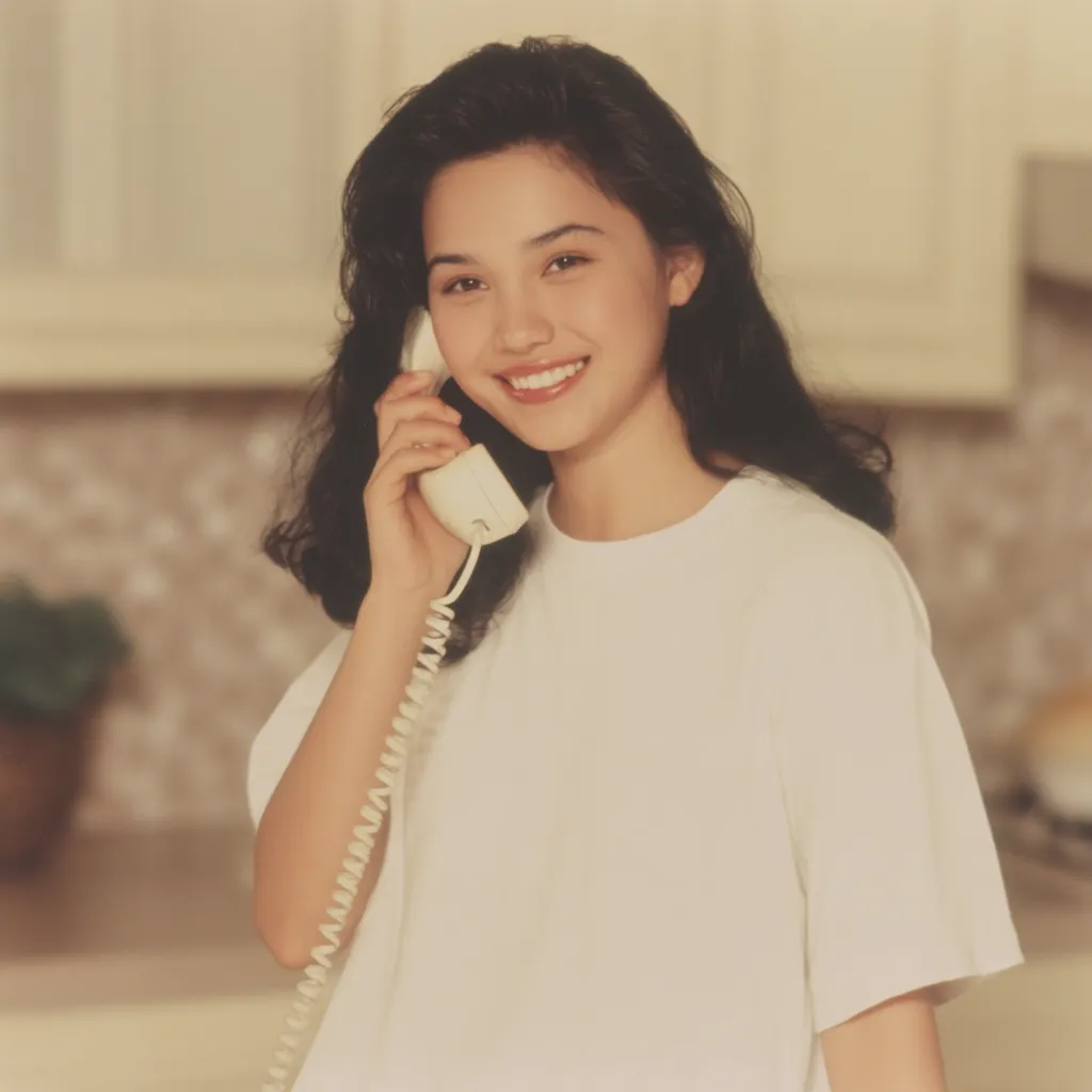 A young woman with long dark hair smiles as she holds a beige telephone receiver to her ear.  She's wearing a simple white t-shirt and is standing in a kitchen, a warm and inviting atmosphere.  The image has a nostalgic, 1990s feel.  The focus is on her pleasant expression and the casual setting.