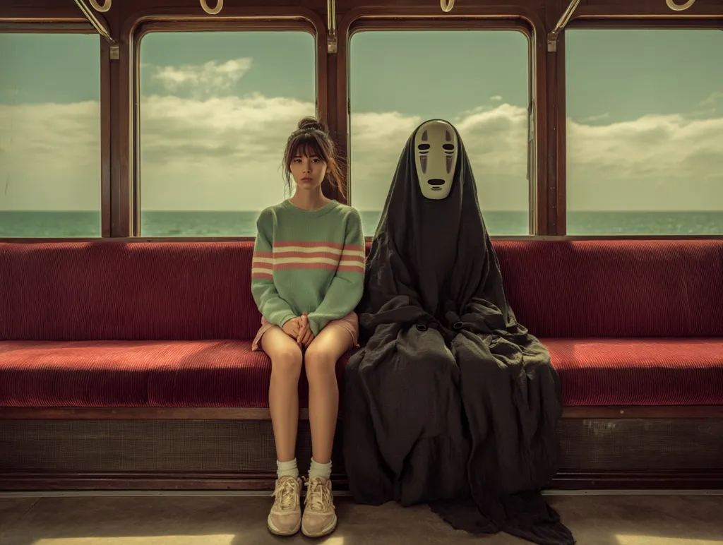 A young woman in a pastel sweater sits beside a figure cloaked in black and wearing a No-Face mask.  They are seated on a burgundy bench aboard a ferry, the ocean visible through large windows.  The scene evokes a melancholic and mysterious atmosphere, reminiscent of Studio Ghibli animation. The overall mood is quiet and contemplative.