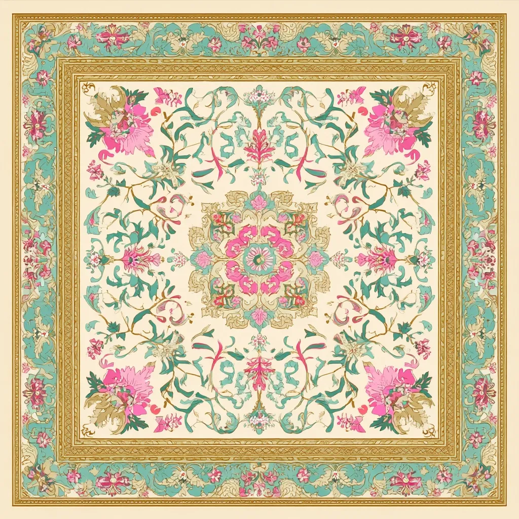 A square image displays a lavishly ornamented design reminiscent of a Persian carpet or textile.  The central motif is a symmetrical floral arrangement in pinks and greens, surrounded by intricate, scrolling foliage and multiple borders.  The colors are soft and pastel, with a cream background highlighted by teal and gold accents in the borders.  The overall effect is one of elegance and ornate detail.