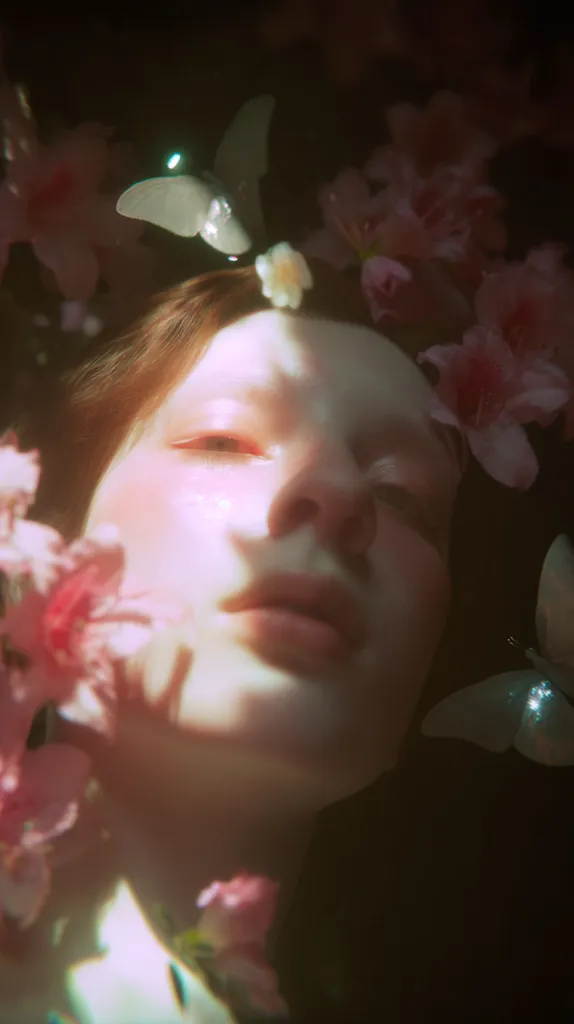 A young woman's face is partially submerged in dark water, surrounded by delicate pink flowers and translucent butterflies.  Soft, ethereal light illuminates her skin, creating a dreamy, almost surreal atmosphere. The image evokes a sense of tranquility and otherworldly beauty.  The flowers and butterflies appear to be resting on her hair and shoulders.