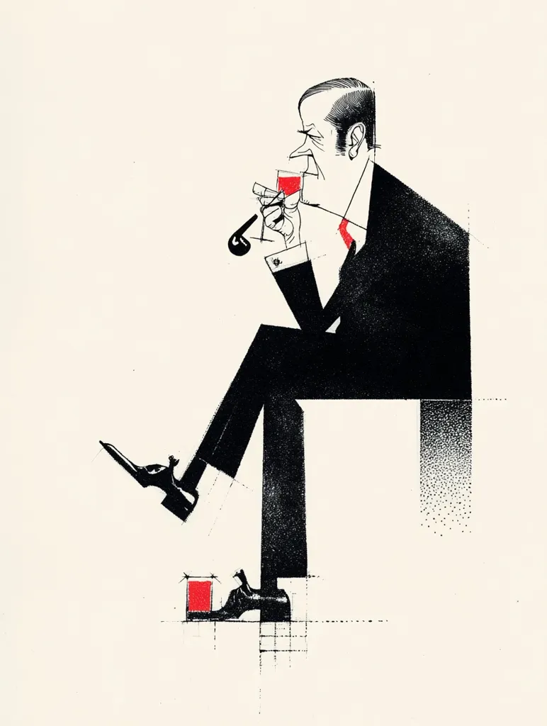 A stylized caricature depicts a man in a suit, seated with legs extended. He holds a glass of red wine and a pipe, exuding a sense of sophistication and leisure.  The artwork employs bold black lines and stark contrasts, with a splash of red for the wine, creating a striking visual effect.  His shoes rest near a small red square, adding a subtle element of intrigue to the composition. The overall style is minimalist and graphic.