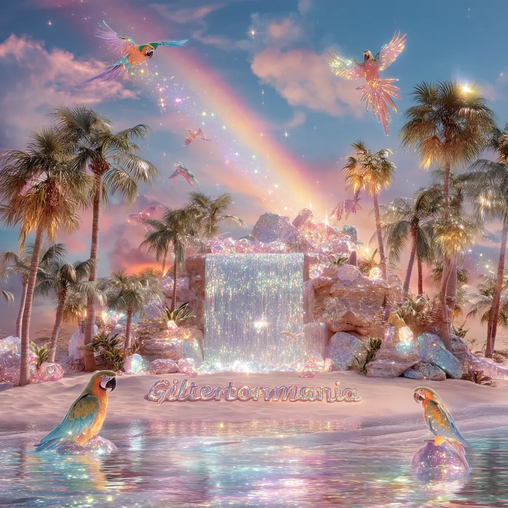 A dreamy, glittering paradise scene unfolds.  Palm trees surround a crystalline waterfall cascading into a tranquil lagoon.  Rainbow hues and sparkling particles fill the sky, adorned with iridescent parrots in flight. The word "Glittermania" is inscribed on the beach, reflecting the image's overall enchanting and whimsical aesthetic.  The scene is vibrant and surreal, evoking a sense of fantasy and wonder.