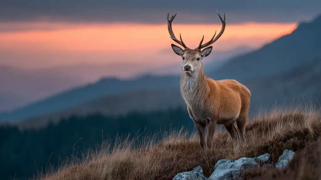 A majestic red deer stag stands on a windswept hilltop, silhouetted against a vibrant sunset.  Its large antlers are impressive, and its reddish-brown coat contrasts with the muted tones of the landscape.  Rolling hills and a dark forest stretch out below, creating a dramatic backdrop to this stunning wildlife scene. The tranquil scene captures the beauty of nature in its purest form.