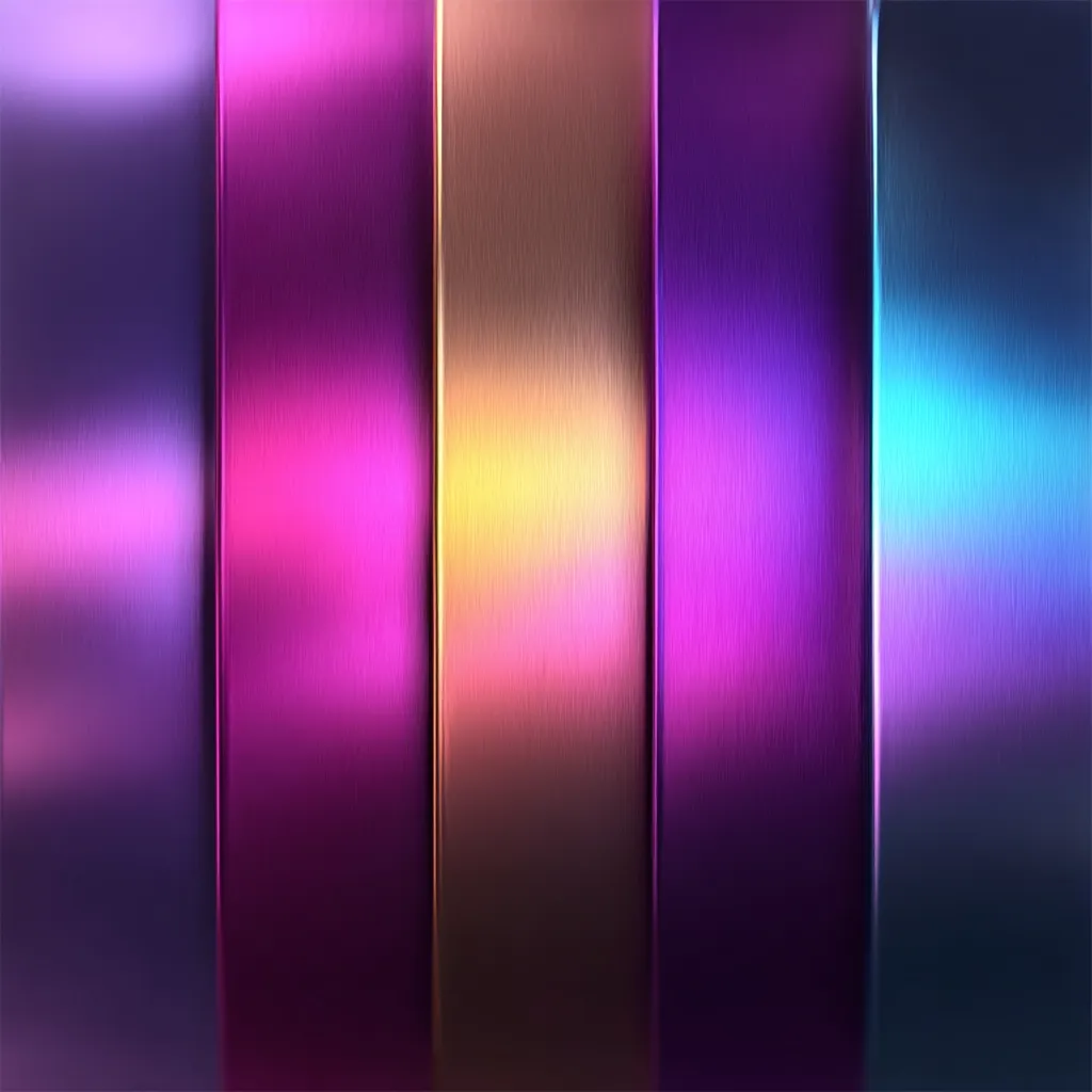 The image showcases five vertical panels, each displaying a vibrant, brushed metal texture.  The colors transition smoothly from a deep purple to a bright pink, then to a warm gold-pink, followed by a rich purple, and concluding with a cool blue-purple. The metallic sheen and subtle vertical brushing create a sleek, modern aesthetic.  The overall effect is one of polished, iridescent luxury.