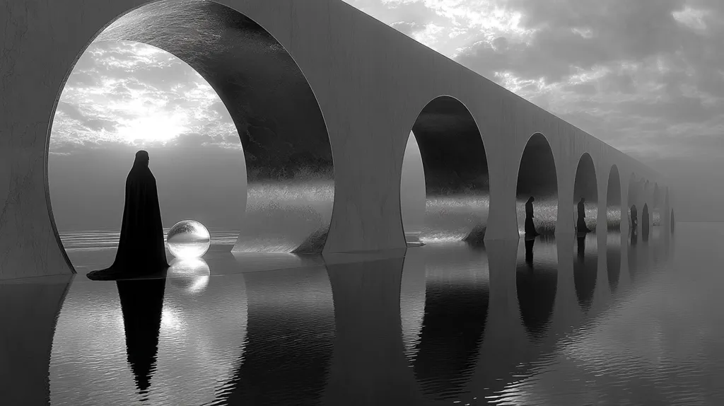 A grayscale image depicts a long, low structure with arched openings overlooking a calm body of water.  Figures in cloaks stand within each archway, their forms silhouetted against the ethereal light. A large, reflective sphere sits near the central figure. The scene is serene and mysterious, conveying a sense of isolation and contemplation.  The water reflects the structure and figures, creating a symmetrical and dreamlike atmosphere.