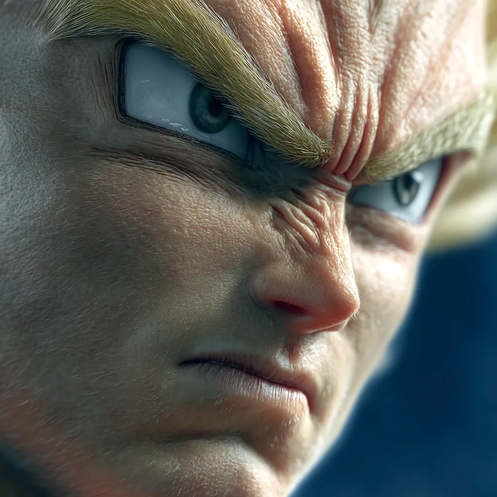 A close-up, highly detailed digital rendering of a character's face, possibly inspired by anime.  The character has blond, spiky hair and a stern expression, with narrowed eyes and a furrowed brow.  The texture of the skin is meticulously rendered, showing pores and wrinkles.  The overall mood is intense and serious.