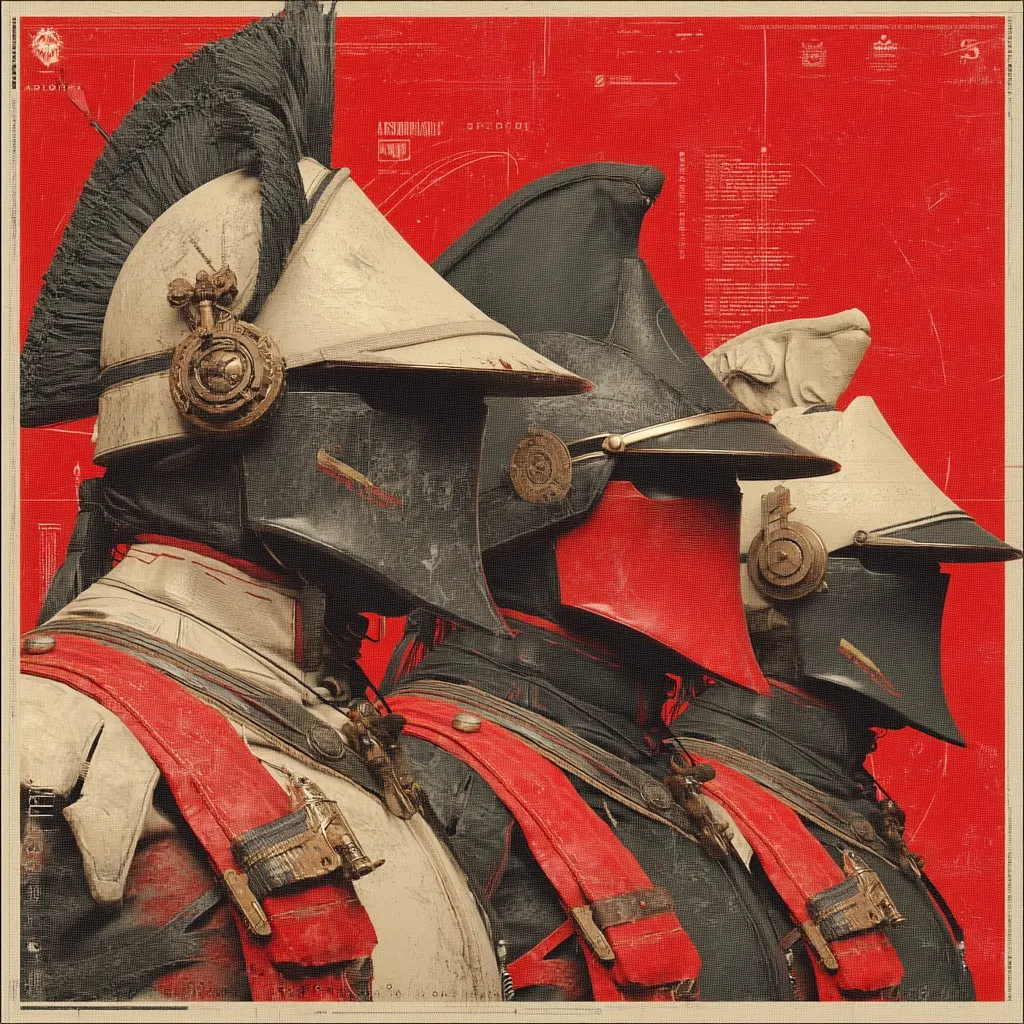 A stylized artwork depicts three figures in ornate, futuristic helmets reminiscent of 18th-century military headwear.  The helmets are off-white and black with red accents, set against a bold red background overlaid with technical schematics.  The figures wear matching red and off-white uniforms with intricate detailing, suggesting a blend of historical and technological aesthetics. The overall style is reminiscent of a vintage poster or propaganda art.